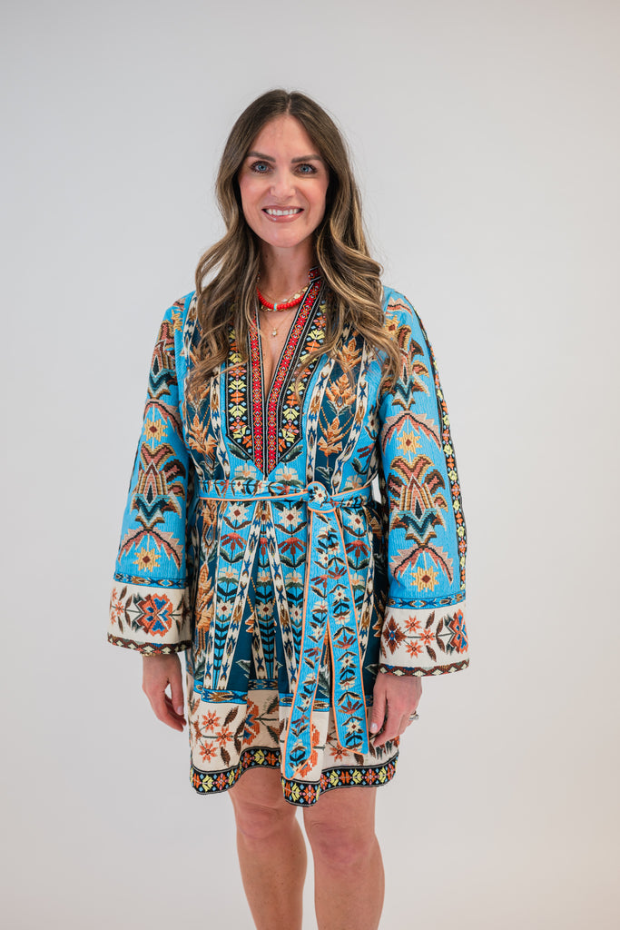 green emerald velvet dress Bloom Tapestry Black Long Sleeves Mini Dress by Farm Rio