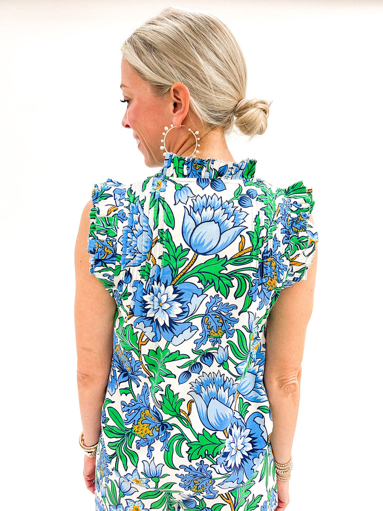 Love the Label Button Front Ruffle Top in Betty Blue Floral Print