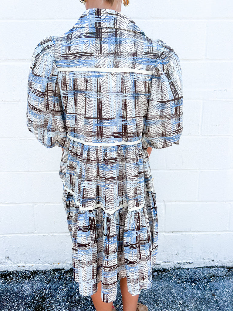 Puff Sleeve Button Front Contrast Trim Tie Dress in Blue and Chocolate Plaid