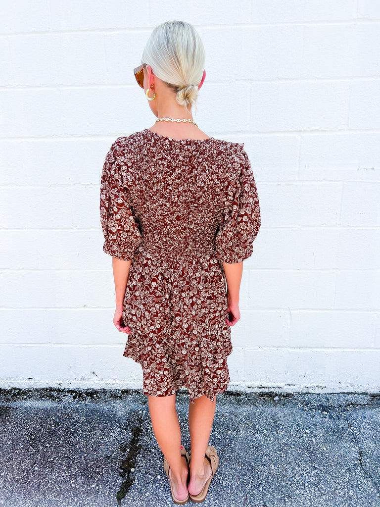 Smocked Top Mini Dress with Side Tie Details in Chestnut Floral